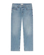 A pair of light blue denim jeans with a straight leg cut. The jeans feature a classic five-pocket design: two front pockets, a small coin pocket on the right, and two back pockets. They have a button and zipper closure at the waist, with belt loops around the waistband. The label 'FRAME' is sewn onto the inner waistband at the back.