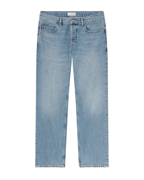 A pair of light blue denim jeans with a straight leg cut. The jeans feature a classic five-pocket design: two front pockets, a small coin pocket on the right, and two back pockets. They have a button and zipper closure at the waist, with belt loops around the waistband. The label 'FRAME' is sewn onto the inner waistband at the back.