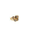 A close-up image of a gold ring featuring five labradorite gemstones, positioned at an angle to show both the front and side views. The stones include three teardrop-shaped and two oval-shaped labradorites, set in gold bezels with a double band design.