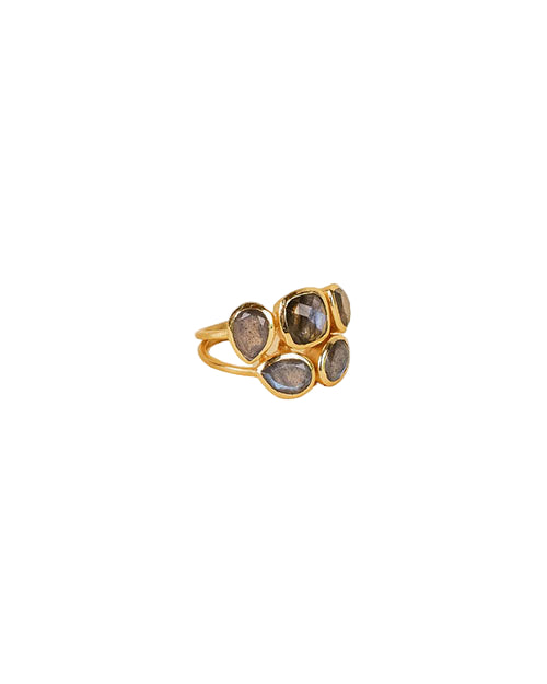 A close-up image of a gold ring featuring five labradorite gemstones, positioned at an angle to show both the front and side views. The stones include three teardrop-shaped and two oval-shaped labradorites, set in gold bezels with a double band design.