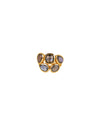 A gold ring featuring five irregularly shaped gemstones with dark, reflective surfaces. The stones are set in gold bezels, creating a bold and unique design.