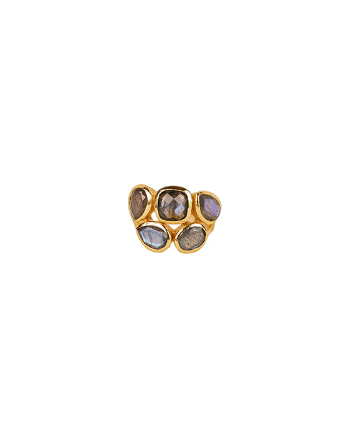 A gold ring featuring five irregularly shaped gemstones with dark, reflective surfaces. The stones are set in gold bezels, creating a bold and unique design.