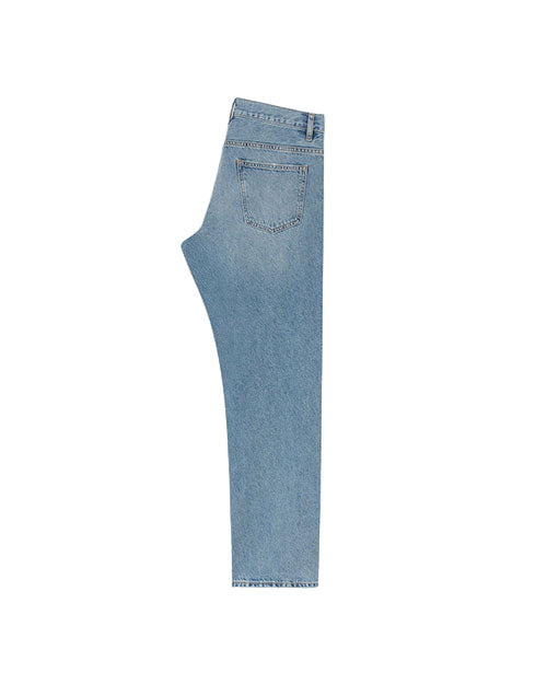 Side view of a pair of light blue denim jeans laid flat, showing one full leg. The jeans feature a single back pocket with visible stitching and a belt loop at the waistband