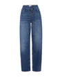 A pair of high-waisted jeans in a medium blue wash. The jeans have a relaxed fit through the hips and thighs, tapering slightly towards the ankle. The waist has a crossing over design with a diagonal gold zipper fly.