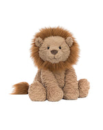 Plush toy lion with a light brown body, darker brown mane, black button eyes, and a stitched nose and mouth. The texture appears soft and fluffy.