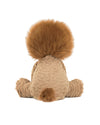 Back view of a plush toy lion with a large, fluffy dark brown mane and small tail. The light brown body has textured fabric, and the toy is seated with legs spread to the sides.