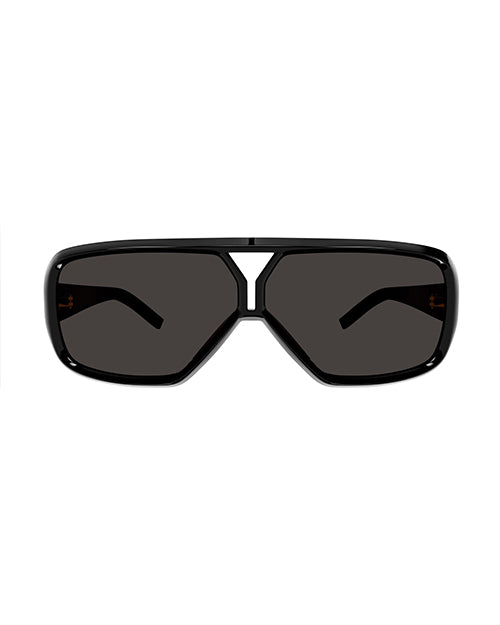 Front view of black, rectangular-framed Saint Laurent sunglasses with dark lenses. The temples feature the brand name ‘Saint Laurent’. 