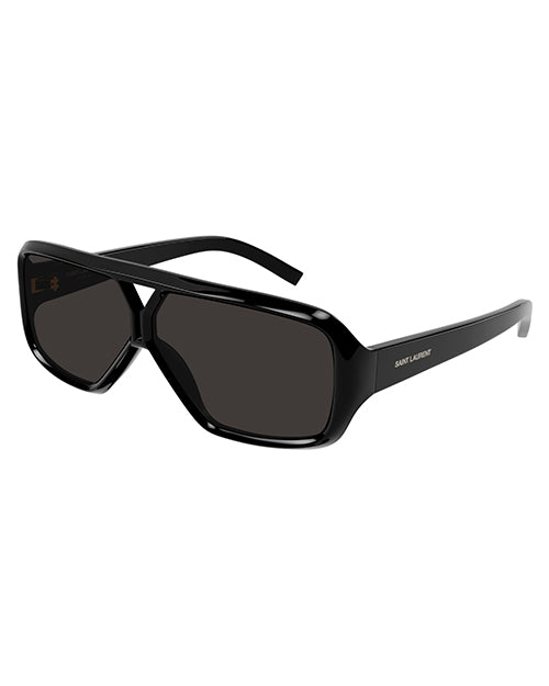 A pair of black, rectangular-framed Saint Laurent sunglasses with dark lenses. The temples feature the brand name ‘Saint Laurent’. 