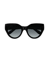 Front view of black narrow cat-eye sunglasses with dark grey lenses.