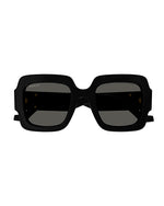 Front view of rectangular, thick frame Gucci sunglasses in black. 