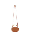 Brown leather crossbody bag with a long adjustable strap, woven handle, and decorative stitching along the edges.