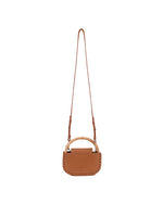 Brown leather crossbody bag with a long adjustable strap, woven handle, and decorative stitching along the edges.