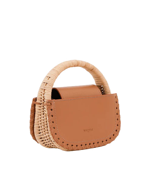 Small brown leather handbag with a woven handle and sides, stitched detailing on the front flap, and the brand name 'WAIWAI' embossed on the front.