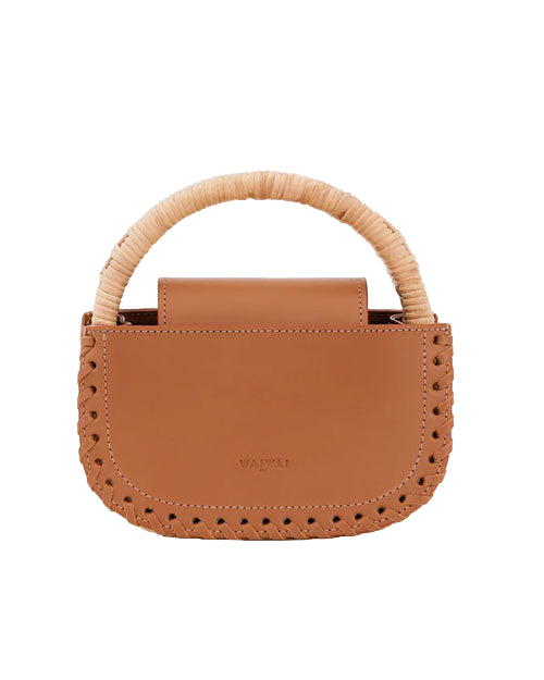 Small brown leather handbag with a woven handle, braided edge detailing, and the brand name 'WAIWAI' embossed on the front.