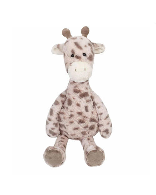 A cream plush toy giraffe with brown spots. The giraffe has a friendly expression, small brown horns.