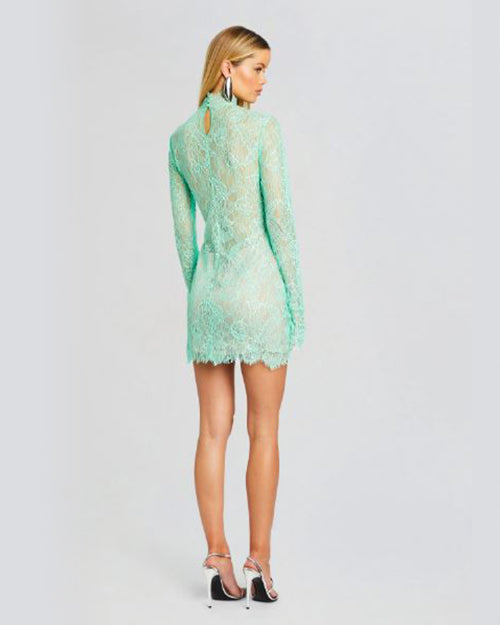 A back view of a model wearing a mint green lace dress and a high neckline. The dress ends mid thigh with a sheer material all throughout. The dress is styled with silver accessories.