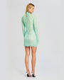 A back view of a model wearing a mint green lace dress and a high neckline. The dress ends mid thigh with a sheer material all throughout. The dress is styled with silver accessories.