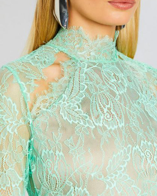 A close-up of a person wearing a mint green lace dress. The high neckline and part of the shoulder are visible. 