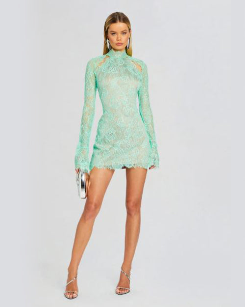 A model wearing a mint green lace dress and a high neckline. The mini dress with a sheer material all throughout and two cut outs at the collar bone. The dress is styled with silver accessories.