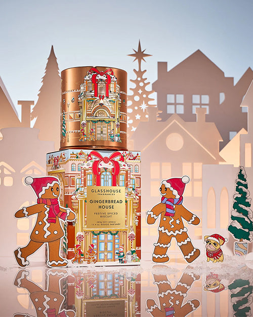 Gingerbread-themed product packaging with decorative elements on a festive background