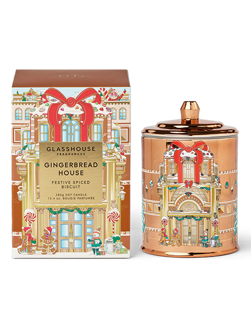 Glasshouse Fragrances Gingerbread House candle with packaging on a white background