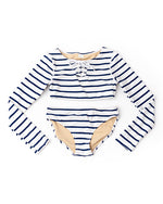 SHADE CRITTERS | Girls Lace Up Cropped Rashguard Swim | Nautical Stripe