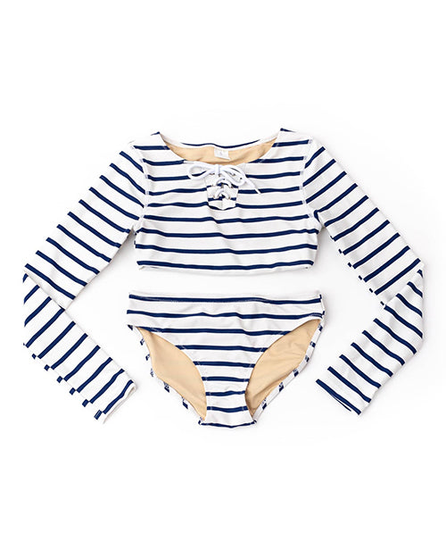 SHADE CRITTERS | Girls Lace Up Cropped Rashguard Swim | Nautical Stripe