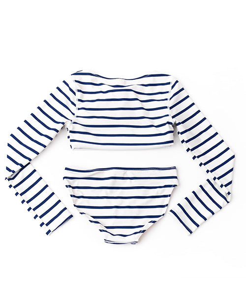 SHADE CRITTERS | Girls Lace Up Cropped Rashguard Swim | Nautical Stripe