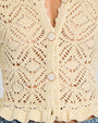 A close-up torso view of a person wearing a cream colored, long-sleeved, crochet cardigan with intricate patterns and scalloped edges along the hem and neckline. The cardigan features a variety of crochet patterns, including floral motifs and geometric shapes. The piece features pearl buttons with a gold-colored outline.