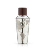 A silver cocktail shaker with a map of the world etched on its surface. It features a dark brown cap and stands against a white background.