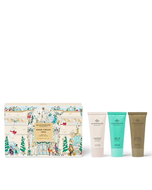 Glasshouse hand cream set with decorative packaging on a white background