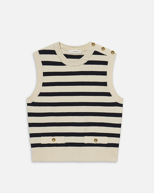 A complete image of a sleeveless, knitted top with horizontal black- and cream-colored stripes. The top has a round neckline and features 3 gold-colored buttons on the left shoulder and 2 near the waistline. The background is plain.
