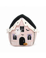 Halloween-themed plush toy house with ghosts, bats, and a pumpkin on a white background