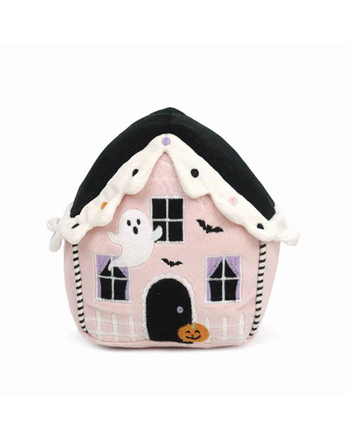 Halloween-themed plush toy house with ghosts, bats, and a pumpkin on a white background