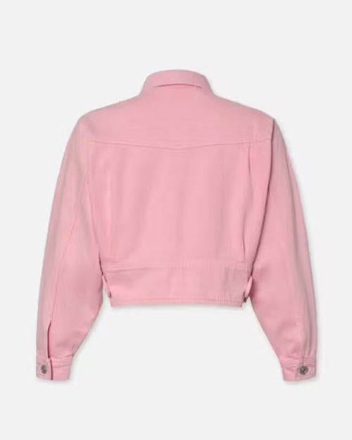 Back view of denim pink jacket with high collar and long sleeves with silver hardware.