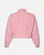 Back view of denim pink jacket with high collar and long sleeves with silver hardware.