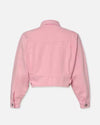 Back view of denim pink jacket with high collar and long sleeves with silver hardware.