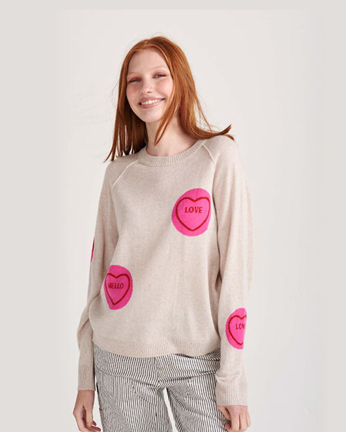 JUMPER 1234 | All Over Love Hearts Sweater | Oatmeal & Pink