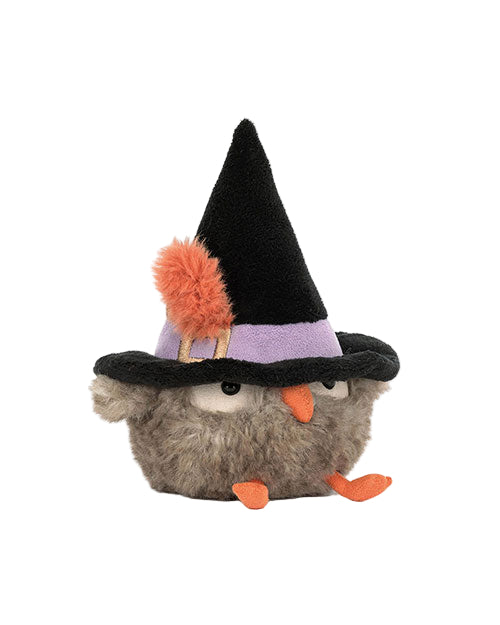 Grey plush owl toy with small wings, orange feet and beak, wearing a black witch hat with a purple band and orange pom-pom.