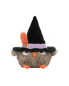 Grey plush owl toy with small wings, orange feet and beak, wearing a black witch hat with a purple band and orange feather.