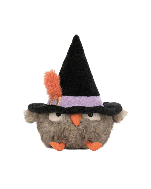 Grey plush owl toy with small wings, orange feet and beak, wearing a black witch hat with a purple band and orange feather.