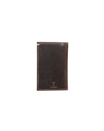 A dark brown leather wallet, closed and positioned vertically with contrasting stitching around the edges. There is a logo at the bottom front with the Lucchese figure.