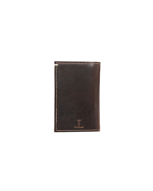 A dark brown leather wallet, closed and positioned vertically with contrasting stitching around the edges. There is a logo at the bottom front with the Lucchese figure.