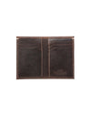 A brown leather wallet showing the interior. There are visible stitches along the edges and three pockets for cards on the both sides. The leather has a 'Lucchese' logo on the left bottom corner.