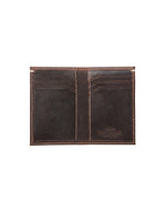 A brown leather wallet showing the interior. There are visible stitches along the edges and three pockets for cards on the both sides. The leather has a 'Lucchese' logo on the left bottom corner.