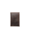 A dark brown leather wallet, closed and positioned vertically with contrasting stitching around the edges. 