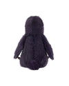 Plush toy with dark purple fur, shown from the back with a rounded head, long hanging arms, and a small round tail, featuring soft and fluffy texture.