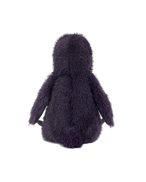 Plush toy with dark purple fur, shown from the back with a rounded head, long hanging arms, and a small round tail, featuring soft and fluffy texture.
