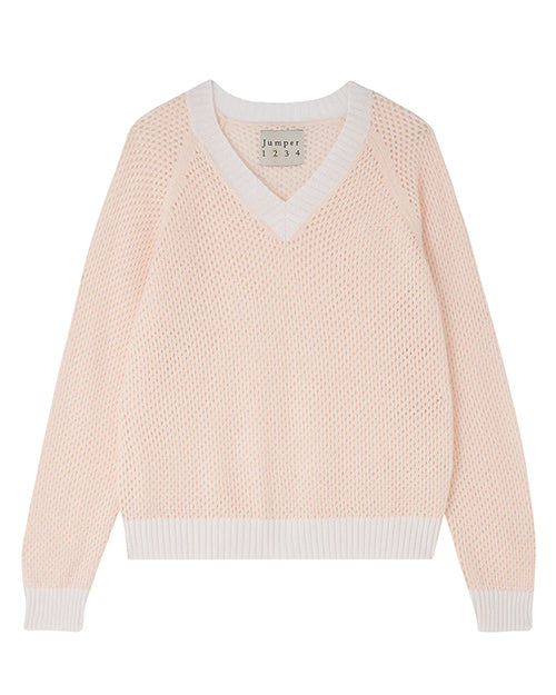 A light pink V-neck sweater with long sleeves. The sweater has a textured knit pattern and white ribbed cuffs, hem, and neckline. There is a label inside the collar that reads "Jumper 1234".