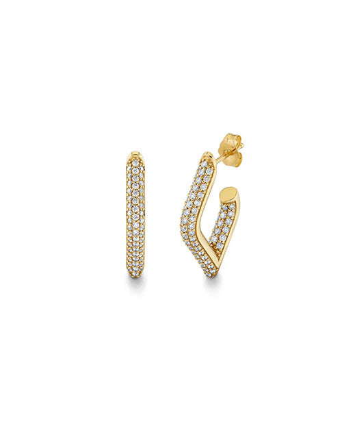 A pair of gold earrings encrusted with small round diamonds. One earring is shown from the front, displaying a straight vertical line of diamonds. The other earring is shown at an angle, revealing its curved shape and the arrangement of diamonds along its surface. The earrings have a post and butterfly back closure.